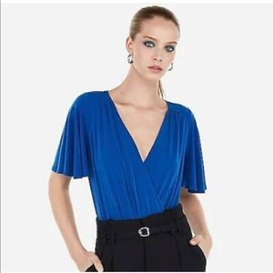 Express Surplice Satin Thong Bodysuit - Blue - M